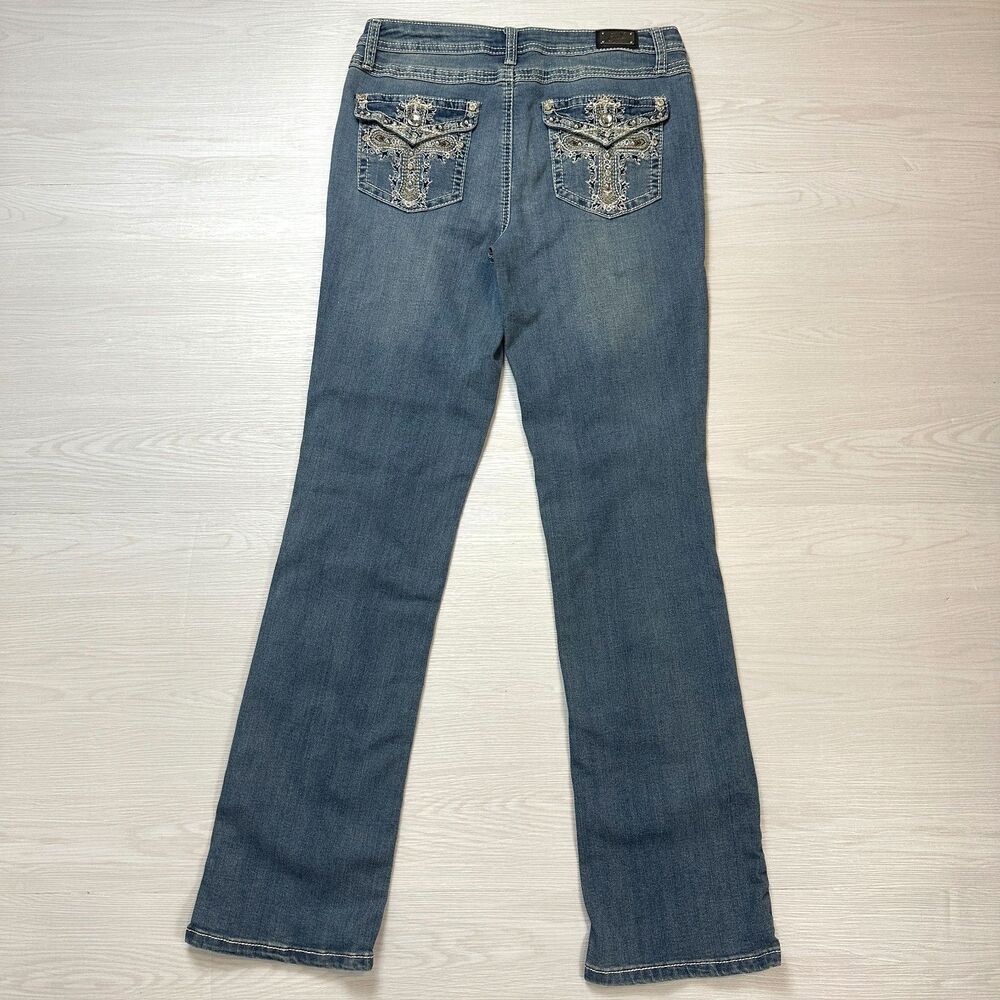 Earl Jean Womens Size 8 Barely Boot Jeans Rhinestone Embroidered Cross Pockets